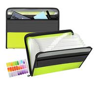 TRANBO 13 Pockets A4 Expanding File Folder with Zipper Closure, Plastic Document Wallet Organizer with Handy Front Pocket - Green