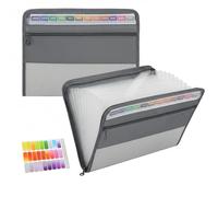 TRANBO 13 Pockets Expanding File Folder, Plastic A4 Zipper Closure Document Wallet Organizer with Handy Front Pocket for Personal Office Stationary Storage - Grey