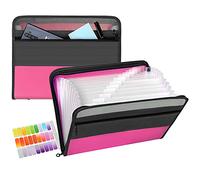 TRANBO Accordion File Organizer with Zipper, 13 Pocket Expanding File Folder with Front Pencil Pouch, Portable Monthly Paper Bill Tax Receipt Organizer, School Office Supplies, Letter Size (Rose Red)
