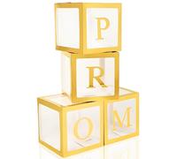 Trandraft 4 Pcs Prom Boxes with Letters 11.8 x 11.8 x 11.8 Inch Clear Balloon Boxes Transparent High School College Graduation Party Favors Supplies(Prom,Gold)