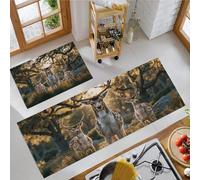 Tranquil And Healing Kitchen Rug, 50x80cm+50x120cm Mats Set of 2, Non-Slip Kitchen Runner, Anti Fatigue Washable Floor Mats, Rug with Deer Herd Forest Sunshine for Home, Dark Brown