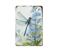 Tranquil Blue Dragonfly Botanical Art: Delicate Wings on Wildflowers Metal Wall Art Decorative Tin Sign for Home and Cave 12×8 Inch, 2D Flat