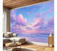 Tranquil Coastal Scenery Silk Wallpaper Children'S Room, Cloud Sea Beach Wall Mural Photo Wallpaper, Pinkish-Purple Wall Mural Decoration Poster For Tv Backdrop Study Room Tea Room - 450 X 315 Cm
