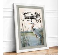 Tranquil Heron Scandinavian Framed Wall Art Print A2 (59.4×42cm) White, Wall Decor for Living Room, Bedroom, Office & Home, Ready to Hang, Art Gift