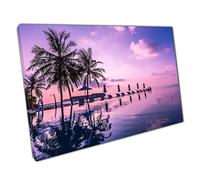 Tranquil Infinity Pool Sunset Sunrise Decorated With Palm Trees And Wooden Loungers Wall Art Print On Canvas Picture For Home Office Decor 91x61cm (36x24In)