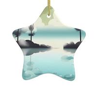 Tranquil Lakes Christmas Ceramic Star-Shaped Pendants, All with Holes Punched and Gold Wire Ropes for Easy Hanging