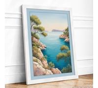 Tranquil Mediterranean Cove Coastal Framed Wall Art Print A2 (59.4×42cm) White, Wall Decor for Living Room, Bedroom, Office & Home, Ready to Hang, Art Gift
