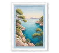 Tranquil Mediterranean Cove Coastal Framed Wall Art Print A4 (29.7×21cm) White, Wall Decor for Living Room, Bedroom, Office & Home, Ready to Hang, Art Gift