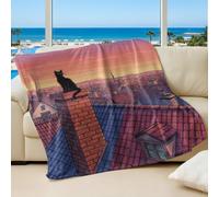 Tranquil Rooftop Black Cat Printed Blanket, Artistic Style Ultra Soft Flannel Throw, Cozy Home Decor for Cat Lovers (03,150x200cm)