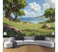 Tranquil Seaside Scenery Murals,Grassl Wildflower Pattern Wall Mural Wallpaper, Olive Green Wallpaper for Bedroom Living Room 350 × 256 cm Artwork Background Wall Stickers (Not Self-Adhesive)