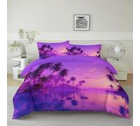 Tranquil Sunset Tropical Botanical Printed Duvet Cover Set 230 × 220 cm, Premium Brushed Microfiber Purple Duvet Cover with Pillowcases - Ultra Soft King Bedding Set with Metal Zipper