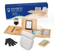 Tranquil Tides Luxury Bamboo Bath Tray Set with Pillow - Wooden Bath Shelf, Caddy, Board & Rack, Bathtub Table, Over Bath Tray & Bath Accessories for Women