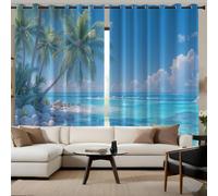 Tranquil Tropical Beaches Blackout Curtains for Bedroom Living Room,Realistic Coconut Trees Blackout Curtains 54 Inch Drop,2 Panels Thermal Insulated Eyelet Drapes,Blue Window Treatments,46 x 54 Inch