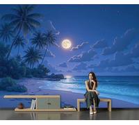Tranquility Natural Scenery Wallpaper 350 x 256 cm, Blue Wall Murals Tropical Beaches Palm Trees Print Photo Wall Mural, for Living Room Bedroom Children's Room Home Hallway Lounge Decoration