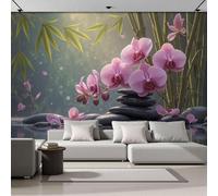 Tranquility Nature 3D Photo Wallpaper Mural, Bamboo Grove Orchids Stones Black Pink Silk fabric Art Print Murals, Indoor Wall Painting for Living Room Tv Backdrop Home Office Decor 400x280cm (WxH)