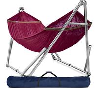 Tranquillo Double Hammock with Stand 650lb Capacity Double Hammock with Spreader Bar, Solid Grade 201 Stainless Steel 30s Set Up, Sturdy Flexible Portable, Outdoor Indoor, Red