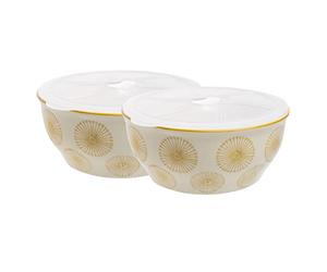 Tranquillo Set of 2 Bowls Art Deco Hand-Stamped Stoneware Silicone Lids Stylish and Practical Food Storage Yellow 18.5 cm