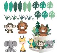TranRantic 24 Pcs Safari Animal Cake Topper, Realistic Jungle Animals Cake Toppers with Leaves, Reusable Animal Cakes Decorations, Wild One Birthday Decorations for Boy Girl Baby