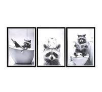 TranRantic Set of 3 Unframed Funny Raccoon Bathroom Wall Art, 8.26x12 Inch Black White Canvas Prints, Waterproof, Toilet Restroom WC Wall Decor for Home Decoration