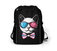Trans Cat with Glasses Trendy Drawstring Backpack Lightweight Gym Bag with Shoes Compartment Printed String Daypack
