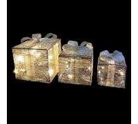 Trans Continental Set Of 3 Christmas Parcels Presents Light Up Festive Decoration Warm White LED Parcels Xmas Tree Ribbon Glitter Under Tree Decor
