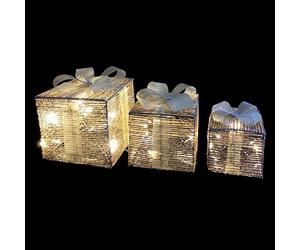 Trans Continental Set Of 3 Christmas Parcels Presents Light Up Festive Decoration Warm White LED Parcels Xmas Tree Ribbon Glitter Under Tree Decor
