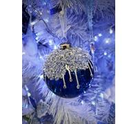 TRANS - PAL Glass LARGE 100mm Blue, Light Blue, Clear Ornaments - Set of 6 or Mixed Glass Christmas Baubles with Frozen Bead and Pearl Detail 6pcs (BLUE)