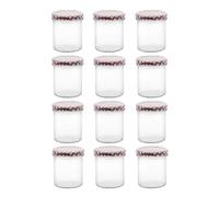 TRANS - PAL Set of 12 Glass Jam Jars 350ml - Wide Mouth Preserve Jars with Red Gingham Screw Lids - Airtight Storage for Jam, Pickles, Chutney, Marmalade, Honey