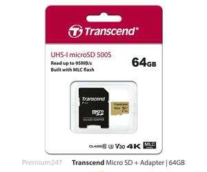 Transcend 8/16/32/64GB Microsdxc 500S Memory Card With Adapter C10 U3 V30 4K