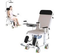 Transfer Chair Patient Lift Wheel 4 in 1 Rolling Shower Height Adjustable Lay Flat Shower with Bedside Commode for Handicapped and Elderly