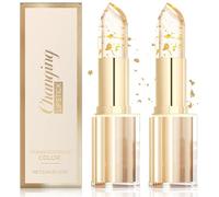 Transferproof Color Changing Lipstick with Gold Foil, Transparente Gold Crystal Colour Changing Lip Stick for Women, Moisturizing Glossy Shine Lip Gloss, Long-Lasting Hydration 2PCS