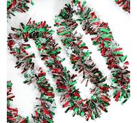 Transform your holiday spaces with this versatile 50-foot metallic tinsel garland featuring vibrant green and red twist ribbons adorned with shimmering snowflake accents.
