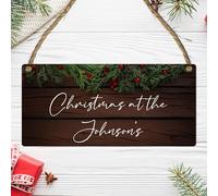 Transform Your Home into a Personalised Winter Wonderland with Our 'Christmas At The Surname' Hanging Plaque - Over 10 Design Options to Choose from. (Mdf Wood Indoor Use Only, Dark Wood Effect)