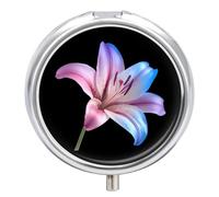 Transgender Flag Color Lily Flower Pill Box with 3 Compartments and Mirror Cute Metal Round Pill Case for Vitamin Fish Oils