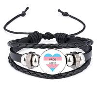 Transgender Rainbow Pride Heart LGBTQ Black Leather Bracelet and Velvet Gift Bag