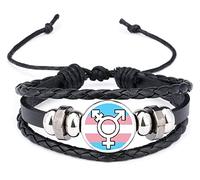 Transgender Symbol Pride LGBTQ Rainbow Black Leather Bracelet and Velvet Gift Bag