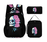 Transgender Trans Skull Roses 3 PCS Backpack Set Cute Rucksack with Pencil Case & Lunch Bag Gifts