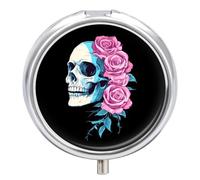 Transgender Trans Skull Roses Small Pill Organizer for Travel Portable Mini Pills Box with 3 Compartments Round Medicine Case Container