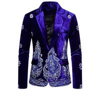 Transition Suit Jackets for Men Warm Sports Men Winter Ethnic Style Velvet Suit Gold Thread Embroidery Performance Fashion Slim Fit Stage Suit Men's Jackets Transition Casual Modern Coats, blue, M