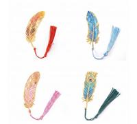 Translucent Enamel Feather Bookmark Set, Art Nouveau Style Metal, 4 Pcs