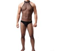 Translucent Fishnet Bodysuit for Men with Open Crotch and Tight-Fit Design for Lingerie-Like Appearance (Black)