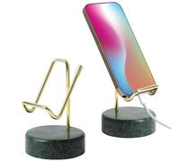TransMarble Marble Phone Stand with Metal Holder, Charging Available While Using, Swipe Up to Unlock, Made of Natural Marble as Business Card Holder for Office Desk (Emerald Green + Gold)