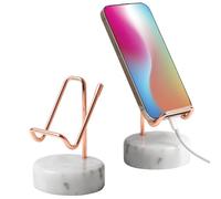 TransMarble Marble Phone Stand with Metal Holder, Charging Available While Using, Swipe Up to Unlock, Made of Natural Marble as Business Card Holder for Office Desk (Starry White + Rose Gold)