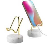 TransMarble Marble Phone Stand with Metal Holder, Charging Available While Using, Swipe Up to Unlock, Made of Natural Marble as Business Card Holder for Office Desk (Starry White + Gold)