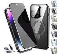 Transmitg Phone Case for iPhone 16/15/14 Series - Privacy Magnetic Double-sided Tempered Glass Case with Ring Holder Kickstand, All-Round Protection (Privacy/Black,for iPhone 12pro)