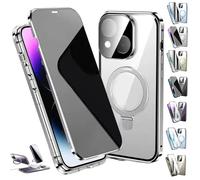 Transmitg Phone Case for iPhone 16/15/14 Series - Privacy Magnetic Double-sided Tempered Glass Case with Ring Holder Kickstand, All-Round Protection (Privacy/Silver,for iPhone 15)