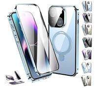 Transmitg Phone Case for iPhone 16/15/14 Series - Privacy Magnetic Double-sided Tempered Glass Case with Ring Holder Kickstand, All-Round Protection (HD/Blue,for iPhone16pro)