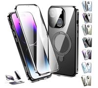 Transmitg Phone Case for iPhone 16/15/14 Series - Privacy Magnetic Double-sided Tempered Glass Case with Ring Holder Kickstand, All-Round Protection (HD/Black,for iPhone16pro)
