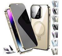 Transmitg Phone Case for iPhone 16/15/14 Series - Privacy Magnetic Double-sided Tempered Glass Case with Ring Holder Kickstand, All-Round Protection (Privacy/Gold,for iPhone 15promax)
