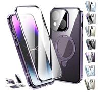 Transmitg Phone Case for iPhone 16/15/14 Series - Privacy Magnetic Double-sided Tempered Glass Case with Ring Holder Kickstand, All-Round Protection (HD/Purple,for iPhone 14promax)